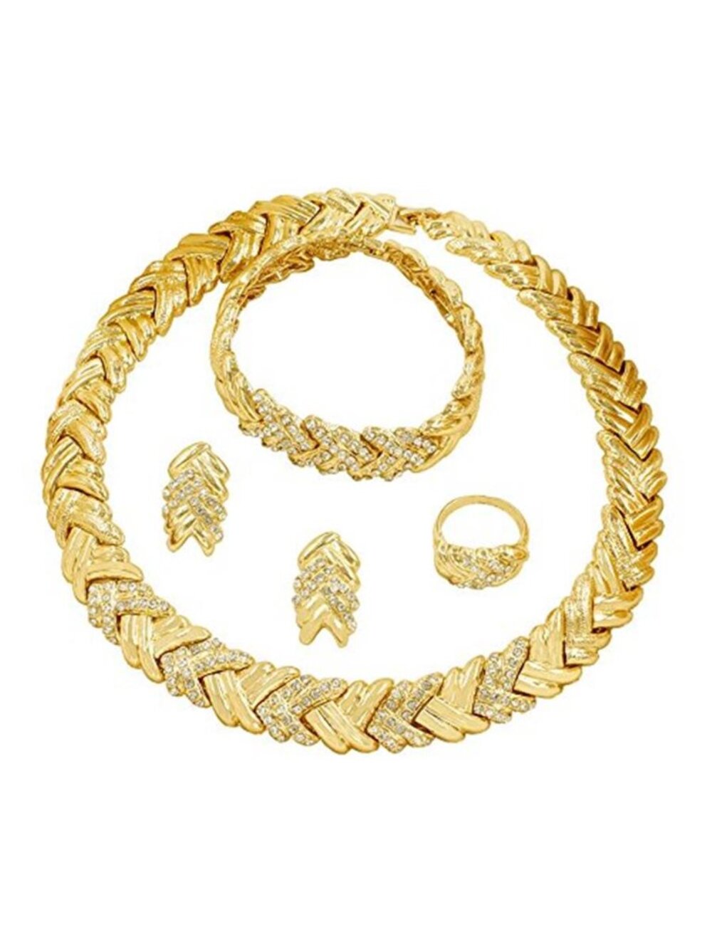 Gold Plated Crystal Jewelry Set Necklace Earrings Bracelet Bangle Ring Wedding S